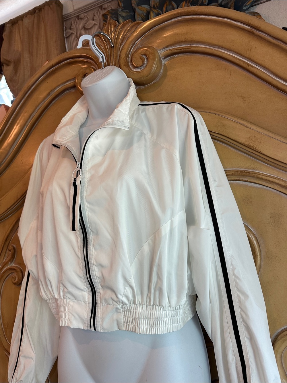 White Cropped Bomber Jacket with Black Stripe